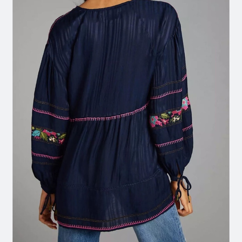 Anthropologie Embroidered Surplice Tunic Blouse Size Medium Boho Festival - Picture 2 of 16